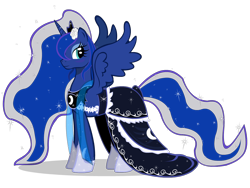 Size: 1200x900 | Tagged: safe, artist:cartoontiger, princess luna, alicorn, pony, beautiful, clothes, dress, flower, flower in hair, gala dress, hair over one eye, looking at you, simple background, smiling, solo, sparkles, spread wings, transparent background, vector