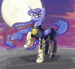 Size: 1200x1100 | Tagged: safe, artist:muffinshire, princess luna, bayonetta, cosplay, glasses, solo