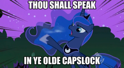 Size: 1343x734 | Tagged: safe, edit, edited screencap, screencap, princess luna, alicorn, pony, luna eclipsed, artifact, canterlock, caps lock, caption, female, hub logo, hubble, image macro, language, mare, text, the hub, ye olde butcherede englishe