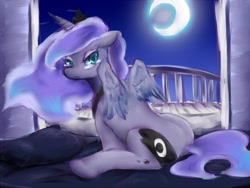 Size: 800x600 | Tagged: safe, artist:nabe, princess luna, alicorn, pony, crescent moon, crying, sad, sitting, solo