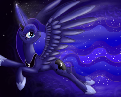 Size: 1000x800 | Tagged: safe, artist:elana-louise, princess luna, alicorn, pony, flying, looking back, solo