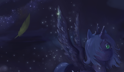 Size: 900x527 | Tagged: safe, artist:luna-sedata, princess luna, alicorn, pony, feather, night, solo