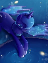 Size: 663x858 | Tagged: safe, artist:misteelala, princess luna, alicorn, pony, night, prone, solo, water