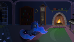 Size: 2560x1440 | Tagged: safe, artist:regolithx, princess luna, alicorn, pony, book, clock, fire, fireplace, musical instrument, night, piano, solo