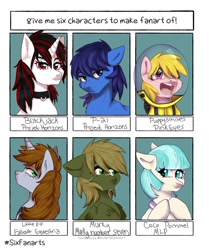 Size: 1080x1290 | Tagged: safe, artist:azusadrawz, derpibooru import, coco pommel, oc, oc:blackjack, oc:littlepip, oc:murky, oc:p-21, oc:puppysmiles, earth pony, pegasus, pony, unicorn, fallout equestria, fallout equestria: murky number seven, fallout equestria: pink eyes, fallout equestria: project horizons, bust, chest fluff, collar, crossover, earth pony oc, fanfic art, female, horn, male, mare, open mouth, pegasus oc, six fanarts, spacesuit, stallion, unicorn oc, wings