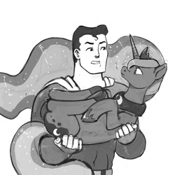 Size: 1280x1280 | Tagged: safe, artist:kevinsano, princess luna, alicorn, pony, crossover, grayscale, holding a pony, monochrome, simple background, superman