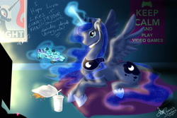 Size: 1800x1200 | Tagged: safe, artist:daughter-of-fantasy, princess luna, alicorn, pony, gamer luna, prone, solo