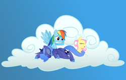 Size: 1900x1200 | Tagged: safe, artist:kurokaji11, fluttershy, princess luna, rainbow dash, alicorn, pegasus, pony, cloud, sleeping