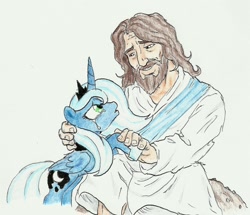 Size: 942x812 | Tagged: safe, artist:joelashimself, princess luna, human, christianity, crying, jesus christ, religion, s1 luna, simple background