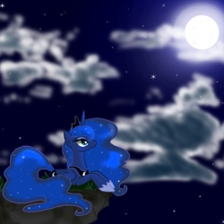 Size: 900x901 | Tagged: safe, artist:sugarcup, princess luna, alicorn, pony, cloud, cloudy, moon, night, prone, solo