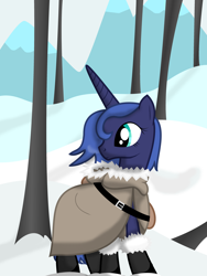 Size: 3000x4000 | Tagged: safe, artist:dazed-and-wandering, princess luna, alicorn, pony, clothes, s1 luna, snow, solo, tree