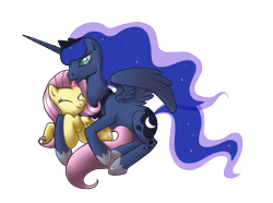 Size: 1613x1202 | Tagged: safe, artist:tenchi-outsuno, fluttershy, princess luna, alicorn, pegasus, pony, eyes closed, female, lesbian, licking, lunashy, shipping, simple background, tongue out