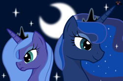 Size: 1280x851 | Tagged: safe, artist:voaxmasterspydre, princess luna, alicorn, pony, crescent moon, dual persona, moon, s1 luna, self ponidox, stars, the fun has been doubled