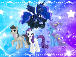 Size: 1024x768 | Tagged: safe, artist:ellissummer, octavia melody, princess luna, rarity, trixie, alicorn, earth pony, pony, unicorn