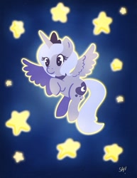 Size: 500x647 | Tagged: dead source, safe, artist:steveholt, princess luna, alicorn, pony, cutie mark, female, filly, flying, foal, hooves, horn, jewelry, outline, regalia, s1 luna, solo, spread wings, three quarter view, tiara, wings, woona, younger