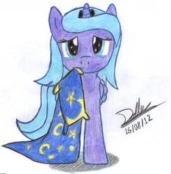 Size: 1600x1624 | Tagged: safe, artist:fox-kai, princess luna, alicorn, pony, blanket, filly, mouth hold, solo, woona