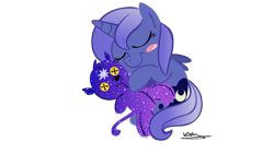 Size: 1920x1080 | Tagged: safe, artist:bunnimation, princess luna, alicorn, pony, ursa minor, button eyes, cute, eyes closed, filly, foal, simple background, sleeping, solo, teddy bear, ursa plush, woona