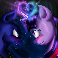 Size: 3508x3508 | Tagged: safe, artist:noideasfornicknames, princess luna, twilight sparkle, alicorn, pony, blushing, female, high res, horns are touching, lesbian, shipping, twiluna