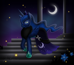 Size: 1905x1652 | Tagged: safe, artist:paperlotus, princess luna, alicorn, firefly (insect), pony, clothes, dress, flower, moon, solo