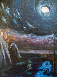 Size: 1280x1716 | Tagged: safe, artist:tridgeon, princess luna, oc, alicorn, pony, canterlot, moon, mountain, night, oil painting, painting, ponyville, scenery, traditional art, tree