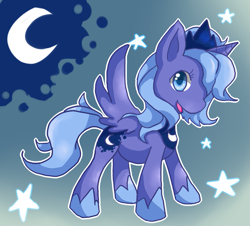 Size: 851x770 | Tagged: safe, artist:cheerubi, princess luna, alicorn, pony, crescent moon, cutie mark, female, horn, jewelry, moon, regalia, s1 luna, smiling, solo, spread wings, stars, wings