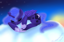 Size: 600x400 | Tagged: safe, artist:tediyaki, princess luna, alicorn, pony, cloud, sleeping, solo