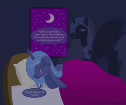 Size: 982x814 | Tagged: safe, artist:despisedandbeloved, nightmare moon, princess luna, alicorn, pony, bed, female, mare, pillow