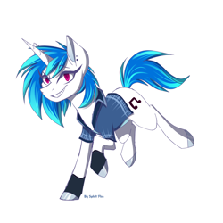 Size: 1500x1500 | Tagged: safe, artist:celes-969, derpibooru import, dj pon-3, vinyl scratch, pony, unicorn, clothes, female, mare, red eyes, redesign, simple background, solo, white background