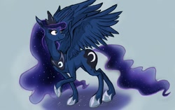 Size: 1257x787 | Tagged: safe, artist:lx8-2, princess luna, alicorn, pony, looking back, raised hoof, solo