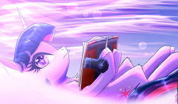 Size: 2400x1400 | Tagged: safe, artist:celes-969, derpibooru import, twilight sparkle, unicorn twilight, pony, unicorn, book, crepuscular rays, cute, female, lens flare, looking at you, mare, on back, reading, solo