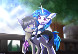Size: 2000x1400 | Tagged: safe, artist:celes-969, derpibooru import, dj pon-3, octavia melody, vinyl scratch, butterfly, earth pony, pony, unicorn, butterfly on nose, clothes, cute, female, horn, insect on nose, lesbian, long horn, redraw, ribbon, scratchtavia, shipping, tongue out, trace