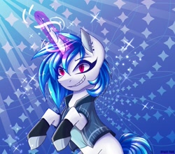 Size: 1700x1500 | Tagged: safe, artist:celes-969, derpibooru import, dj pon-3, vinyl scratch, pony, unicorn, abstract background, clothes, ear piercing, earring, glowing horn, grin, horn, jewelry, long horn, piercing, rearing, shirt, smiling, solo