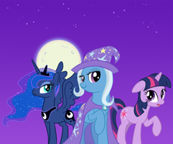 Size: 1800x1500 | Tagged: safe, artist:empty-10, princess luna, trixie, twilight sparkle, alicorn, pony, moon, raised hoof