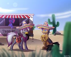 Size: 2500x2000 | Tagged: safe, artist:celes-969, derpibooru import, earth pony, pony, unicorn, cactus, clothes, commission, desert, female, food, guitar, hat, male, mare, musical instrument, smiling, sombrero, stallion, taco, trio