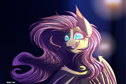 Size: 3000x2000 | Tagged: safe, artist:celes-969, derpibooru import, fluttershy, pegasus, pony, blurry background, bust, creepy, evil grin, fangs, female, grin, high res, insane pony thread, looking at you, manic grin, mare, sharp teeth, slit eyes, smiling, solo, spread wings, teeth, toothy grin, wings