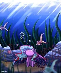 Size: 2500x3000 | Tagged: safe, artist:celes-969, derpibooru import, oc, oc:star beats, fish, pegasus, bubble, chibi, commission, coral, ocean, rock, seaweed, solo, starfish, underwater, water, ych result