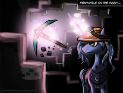 Size: 1024x768 | Tagged: safe, artist:fongsaunder, princess luna, alicorn, pony, glowing horn, hat, helmet, magic, minecraft, mining helmet, parody, pickaxe, s1 luna, solo, telekinesis