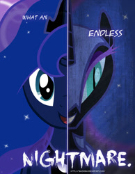 Size: 600x773 | Tagged: safe, artist:tehjadeh, nightmare moon, princess luna, alicorn, pony, female, mare, multiple heads, poster, slit eyes, two heads, two sided posters