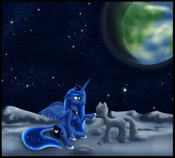 Size: 1000x902 | Tagged: safe, artist:dreigun, princess luna, alicorn, pony, lonely, moon, sitting, solo