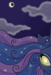 Size: 551x800 | Tagged: safe, artist:stellarina, princess luna, alicorn, pony, cloud, cloudy, glowing eyes, moon, night, solo