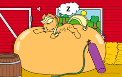 Size: 900x570 | Tagged: dead source, safe, artist:bond750, applejack, earth pony, pony, air inflation, barn, belly, belly bed, heart, inflation, self-bed, sleeping, sweet apple acres, z