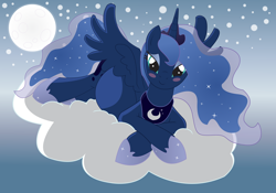 Size: 15000x10528 | Tagged: safe, artist:xniclord789x, princess luna, alicorn, pony, absurd resolution, blushing, cloud, cutie mark, female, full moon, hooves, horn, jewelry, looking at you, lying on a cloud, mare, moon, night, night sky, on a cloud, pregnant, regalia, sky, smiling, solo, spread wings, tiara, wings