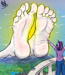 Size: 1750x2000 | Tagged: safe, artist:fetishsketches, princess celestia, twilight sparkle, anthro, plantigrade anthro, barefoot, canterlot, feet, female, fetish, foot fetish, foot focus, giant alicorn, giant anthro, giant feet, giantess, giantlestia, macro, praise the sun, soles, sunrise, toes