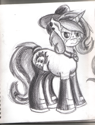 Size: 763x1000 | Tagged: safe, artist:chrisdb0, oc, oc only, oc:lilith, pony, succubus, unicorn, bow, clothes, freckles, monochrome, piercing, sketch, solo, stockings, traditional art