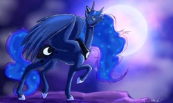 Size: 1280x768 | Tagged: safe, artist:eeveetachi, princess luna, alicorn, pony, moon, night, raised hoof, solo