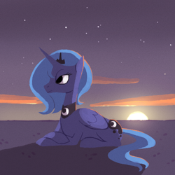 Size: 512x512 | Tagged: safe, artist:karzahnii, princess luna, alicorn, pony, prone, s1 luna, solo, sunrise, sunset