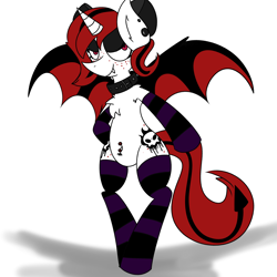 Size: 4000x4000 | Tagged: safe, artist:php10, oc, oc only, oc:lilith, bat pony, pony, bedroom eyes, belly button, bellyring, bipedal, bow, chest fluff, clothes, collar, earring, fangs, freckles, gloves, grin, hair bow, piercing, socks, solo, striped socks