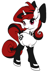 Size: 489x721 | Tagged: safe, artist:gezawatt, oc, oc only, oc:lilith, pony, succubus, unicorn, bedroom eyes, boots, bow, clothes, collar, colored, cutie mark, digital art, earring, eyeshadow, female, freckles, gloves, hair bow, latex, leggings, looking at you, makeup, mare, piercing, pixel art, plump, ribbon, solo, stockings, tail