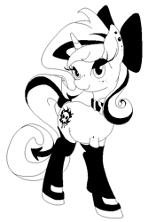 Size: 510x726 | Tagged: safe, artist:gezawatt, oc, oc only, oc:lilith, pony, succubus, unicorn, bedroom eyes, boots, bow, clothes, collar, cutie mark, digital art, earring, eyeshadow, female, freckles, gloves, hair bow, latex, leggings, looking at you, makeup, mare, monochrome, piercing, pixel art, plump, ribbon, solo, stockings, tail