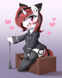 Size: 1334x1680 | Tagged: safe, artist:aryanne, oc, oc only, oc:lilith, eagle, pony, unicorn, boots, box, clothes, earring, happy, heart, necktie, piercing, shirt, sitting, solo, uniform